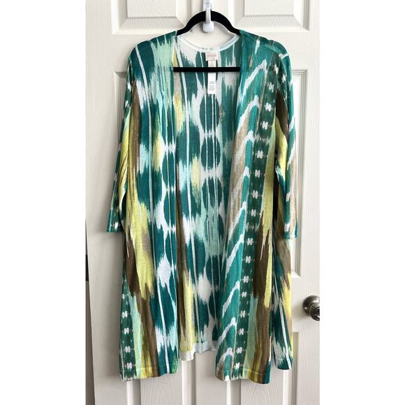 CHICO’S Green Abstract Open Front Cotton Blend Gauze Longline Cardigan - Picture 2 of 10